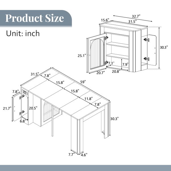 Extendable Dining Table with 3 Removable Leaf Inserts, Mobile Rolling Kitchen Island with Power Outlet & Space-Saving Storage Cabinet for Dining & Living Rooms