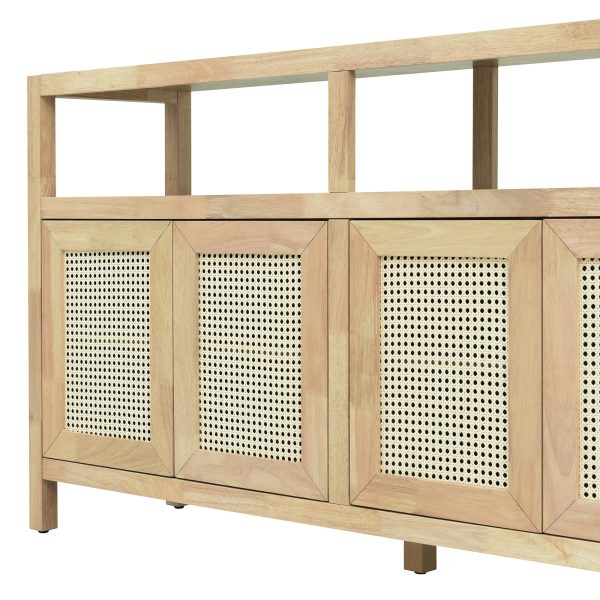 Bohemian Rattan Buffet Storage Cabinet with Solid Wood Frame, 3-Position Adjustable Shelves & Push-to-Open Handle-Free Design for Living & Dining Rooms