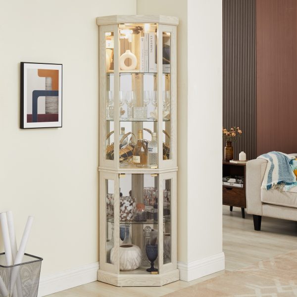 Lighted Corner Glass Curio Cabinet, Display Case for Living Room, Ideal for Antiques, Wine & Bar Glass Storage (Light Included)