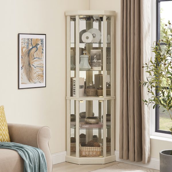 Corner Lighted Glass Curio Cabinet  Display Case for Living Room, Ideal for Antiques, Wine & Bar Glass Storage, Built-in Light Included