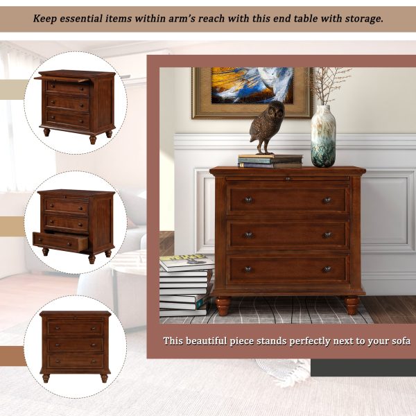 27.6'' Nightstand with Pine Wood Veneer, Modern Bedside Cabinet with 3 Drawers & Pull-Out Tray, Minimalist Side Table with Rubber Feet & Metal Handles for Bedroom, Living Room, Sofa Couch & Office