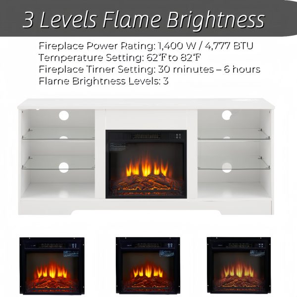 Modern Wooden Electric Fireplace TV Stand with 3D Fireplace, LED Lights, Glass Shelves & USB Charging Port, Media Center Table for TVs