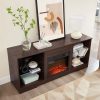 Modern Wooden TV Stand with 3D Electric Fireplace, LED Lights, Glass Shelves & USB Charging Outlet, Entertainment Console for TVs