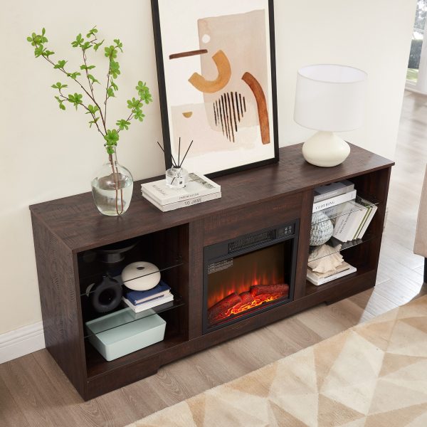 Modern Wooden TV Stand with 3D Electric Fireplace, LED Lights, Glass Shelves & USB Charging Outlet, Entertainment Console for TVs