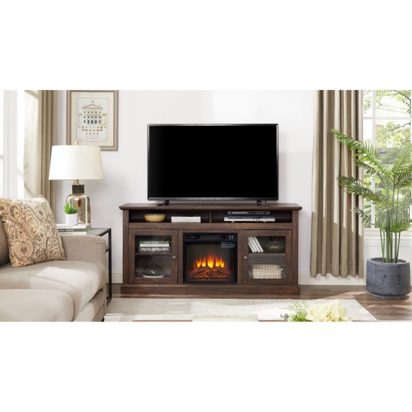 Modern Media Console with 18" Fireplace Insert, Contemporary TV Stand for TVs Up to 65" with Open & Closed Storage