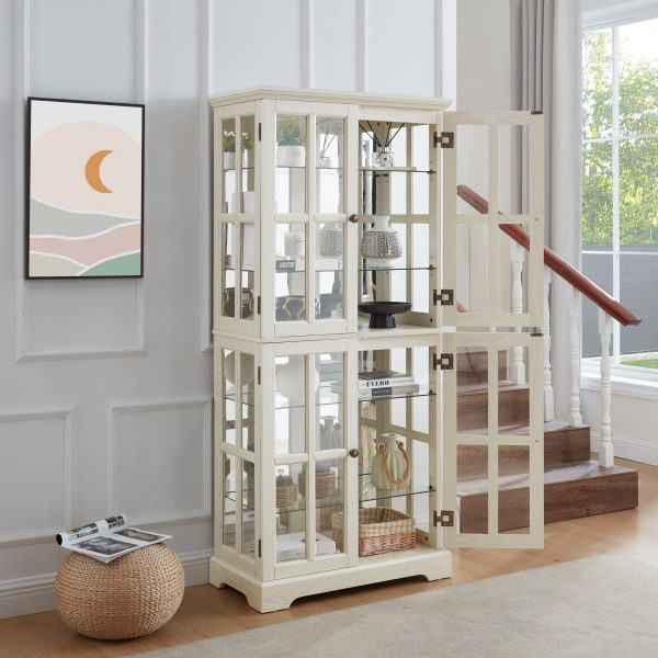 Vintage Curio Display Cabinet with Glass Doors, Adjustable Shelves & Four-Door Design C Ideal for Collectibles, Home & Office Antique Showcase (E26 Bulb Included, White)