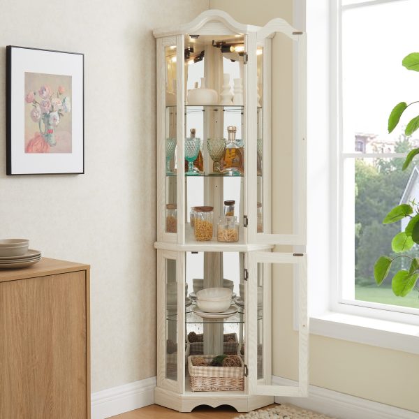 Lighted Glass Curio Cabinet with Tempered Glass Doors & Shelves, Crown-Style Corner Display Cabinet with Bulb Included C Decorative Corner Storage for Living Room & Bedroom