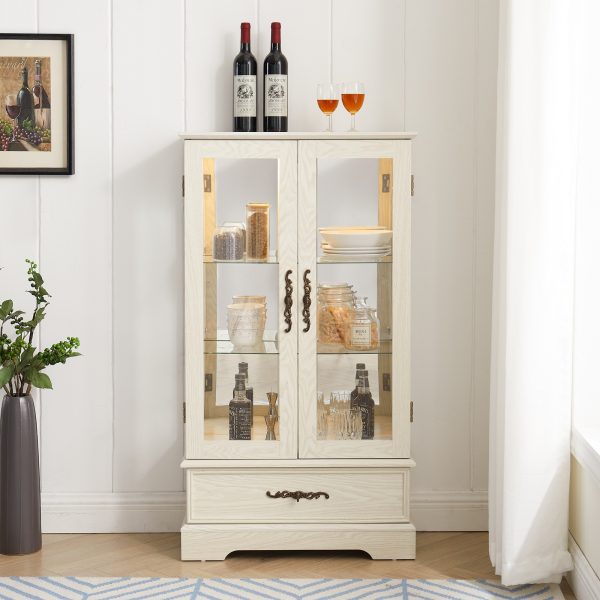 2-218.jpg Lighted Glass Curio Display Cabinet with Adjustable Glass Shelves, 2 Doors & 1 Drawer, Bulb Included