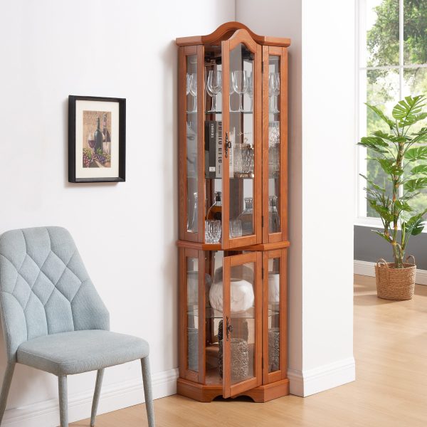 Lighted Corner Glass Curio Cabinet with Tempered Glass Doors & Shelves, Crown?Style Display Cabinet with Built?in Bulb, Decorative Corner Storage for Living Room & Bedroom