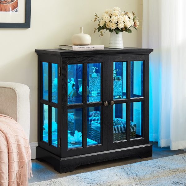 2-225.jpg LED Curio Display Cabinet, Antique-Style Showcase with Adjustable Shelves, Retro Design with Lattice Doors, Elegant Bookcase & Storage Cabinet for Home Decoration & Organization