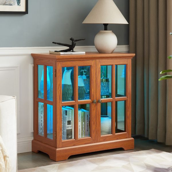 2-229.jpg LED Curio Display Cabinet, Retro Antique Display Case with Adjustable Shelves & Lattice Doors, Elegant Bookcase & Storage Cabinet for Home Decoration and Organization