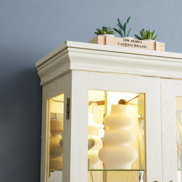 Lighted Glass Curio Display Cabinet with Wooden Frame, Multifunctional Glass Storage & Wine Cabinet, Ideal for Toy & Antique Display in Living Room, Kitchen and Pantry, Light Bulb Included