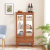 2-251.jpg Lighted Glass Display Cabinet with 2 Doors & 1 Drawer, Adjustable Glass Shelves, Multifunctional Glass Wine Curio Cabinet, Bulb Included