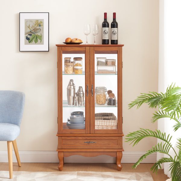 2-251.jpg Lighted Glass Display Cabinet with 2 Doors & 1 Drawer, Adjustable Glass Shelves, Multifunctional Glass Wine Curio Cabinet, Bulb Included