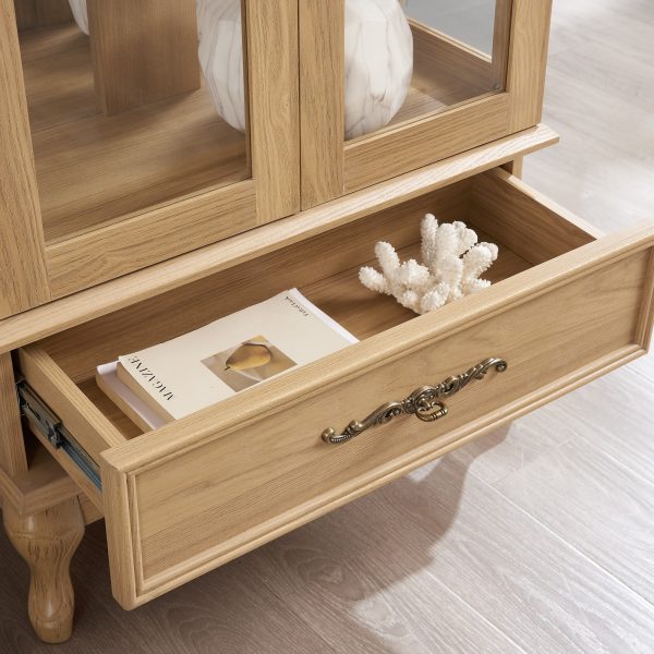 Lighted Glass Curio & Wine Cabinet with Adjustable Glass Shelves, 2 Doors, 1 Drawer, Sideboard Design, and Included Bulb