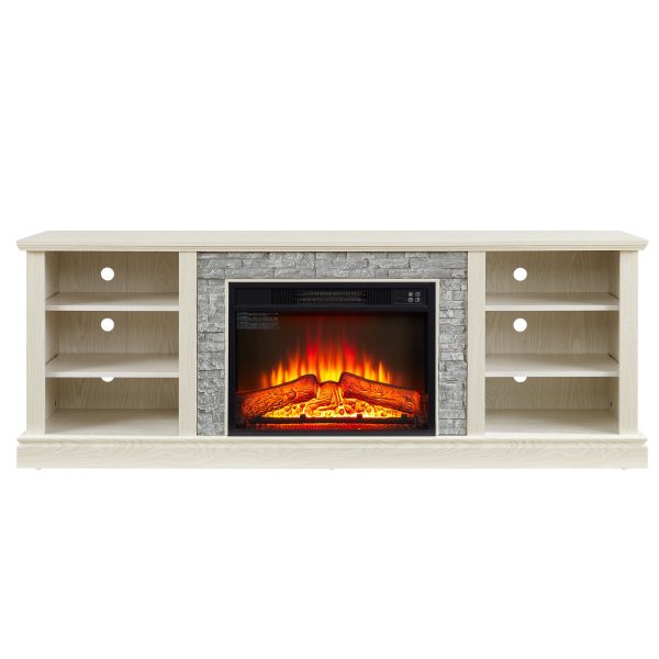 Large Faux Stacked Stone Media Console with Storage Cabinet & Rack, Modern TV Stand with 23-Inch Fireplace Insert