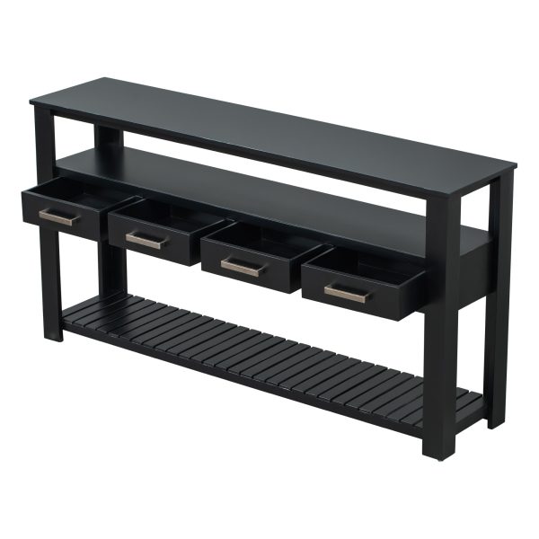 61.5'' Large Entryway Console Table with 4 Drawers & 3-Tier Open Shelves, Painted Design with Metal Handles, Versatile Sofa Table for Living Room, Bedroom, Foyer & Kitchen