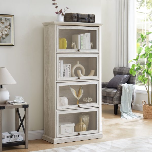 4-Tier Glass Display Cabinet with Flip-Up Glass Doors, Multi-Functional Curio Storage for Collectibles, Toy Figures & Books, Suitable as a Living Room Bookcase