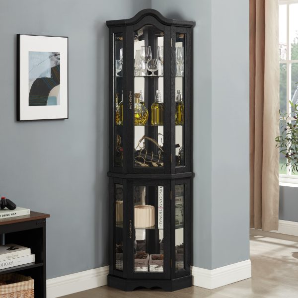 Lighted Corner Curio Cabinet with Tempered Glass Doors and Shelves C Elegant Oak Finish, Perfect Display & Storage for Living Room and Bedroom