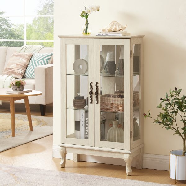 2-Door Curio Cabinet with Tempered Glass Doors, Mirrored Back Panel & Adjustable Shelves C Lighted Display Cabinet with Bulb Included for Home and Office