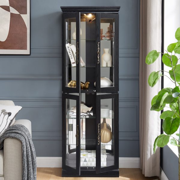 Elegant Lighted Glass Curio Display Cabinet with Wooden Frame C Multi-Purpose Storage for Living Room, Kitchen and Pantry, Bulb Included, Perfect for Wine, Toys and Collectibles
