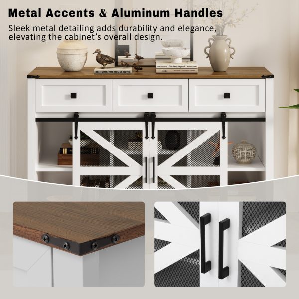 55'' Industrial Sliding Barn Door Sideboard Buffet Cabinet - 3 Drawers, Adjustable Shelves, Metal Mesh & Particleboard Doors, Aluminum Handles, Ideal for Living Room & Dining Room Storage