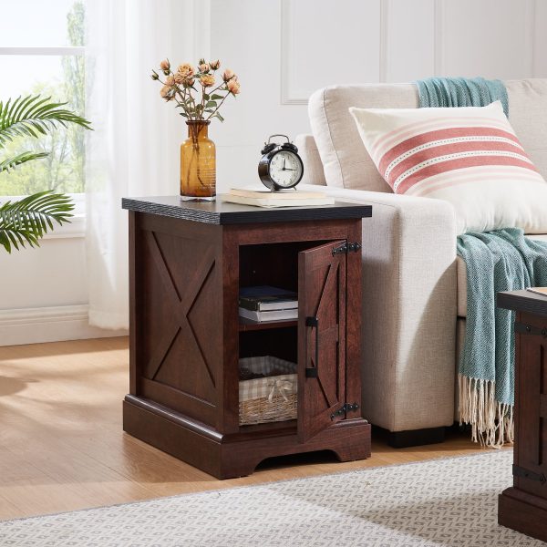 2-274.jpg Farmhouse Rectangular End Table with Barn Door & Adjustable Storage Shelf, Rustic Sofa Side Table for Living Room and Bedroom