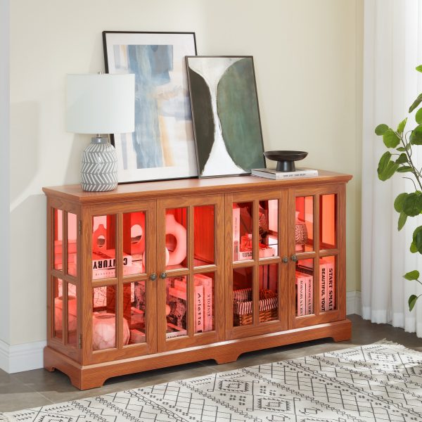 LED Lighted Antique Curio Display Cabinet with 4 Glass Doors & Adjustable Shelves, Vintage Showcase for Collectibles, Home & Office Display Case
