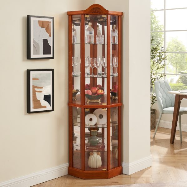 2-283.jpg Lighted Corner Glass Curio Cabinet with Carved Decoration, Wine & Bar Cabinet Featuring Adjustable Glass Shelves & Included Bulb