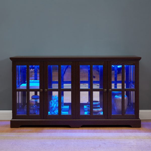 2-284.jpg LED-Lit Antique Curio Display Cabinet with 4 Glass Doors & Adjustable Shelves, Vintage Showcase for Collectibles, Home & Office