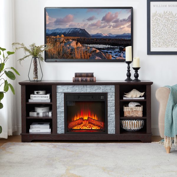 2-288.jpg Mantel Electric Fireplace TV Media Stand with Faux Stacked Stone Surround, Modern Entertainment Console with Open Storage & 18" Fireplace Insert