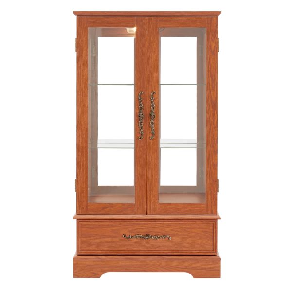 Lighted Glass Curio Display Cabinet with Adjustable Glass Shelves, 2 Doors & 1 Drawer C Light Bulb Included