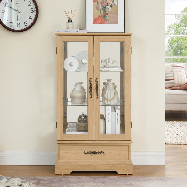 2-300.jpg Lighted Glass Curio Cabinet with Adjustable Glass Shelves, 2 Doors, 1 Drawer & Included Light Bulb