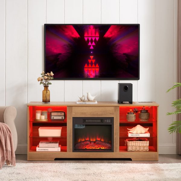 2-302.jpg Modern Electric Fireplace TV Stand with 3D Fireplace, LED Lights, Glass Shelves & USB Charging Port