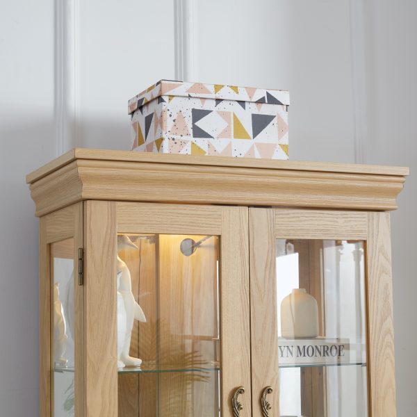 Lighted Glass Curio Cabinet with Wood Frame, Multifunctional Storage for Wine, Toys & Home Decor (Bulb Included)