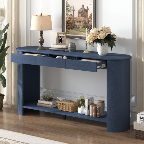 59.8'' Modern Farmhouse Console Table with Oak Veneer, 3 Drawers & Lower Shelf, Semi-Circular Design Wood Sofa Table, Ideal for Living Room, Hallway, Entryway, Foyer & Corridor
