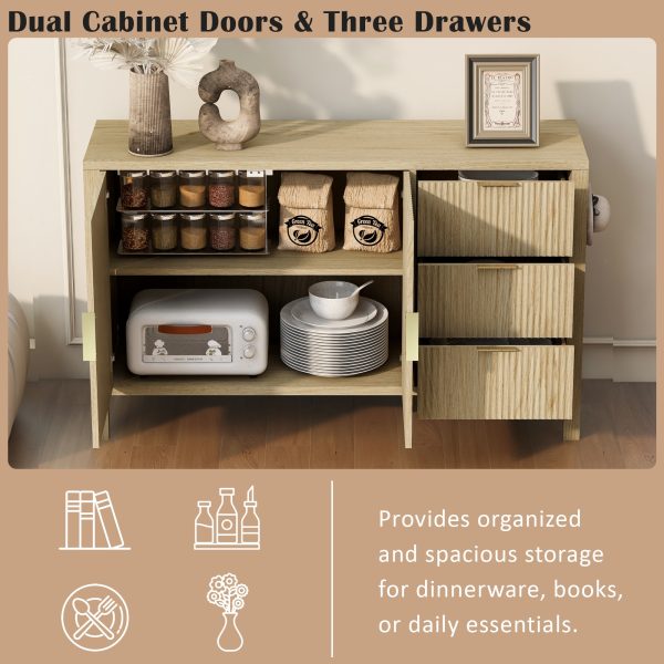 Modern Wave-Pattern Storage Sideboard with 3 Drawers, Large-Capacity Buffet Cabinet with Built-in Hooks & Extra Center Support Leg, Suitable for Living Room, Entryway & Hallway