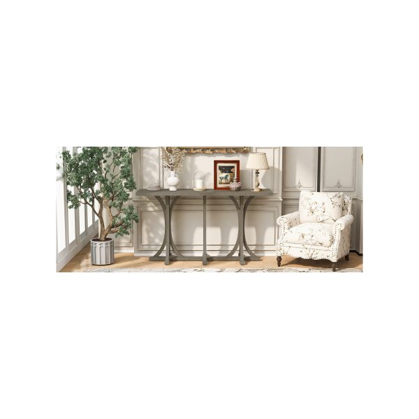 59.8'' Wooden Console Table with Oak Veneer Tabletop, Farmhouse Entryway Table with Slender Curved Rubber Wood Legs, Ideal for Living Room, Entryway, Hallway and Dining Areas