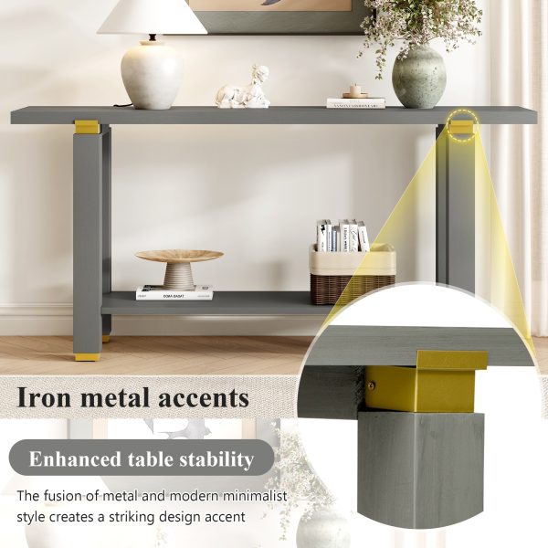 62.9" Modern Minimalist Console Table, Solid Wood Entryway & Sofa Table with Metal Accents and Built-in Storage Shelf, for Living Room and Hallway (3 Color Options: Black, Gray, Natural)