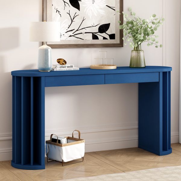 59-Inch Long Console Table with Oak Veneer, Entryway Table with Vertical Ribbed Legs, Minimalist Sofa Table with 2 Drawers for Entryway, Hallway and Living Room