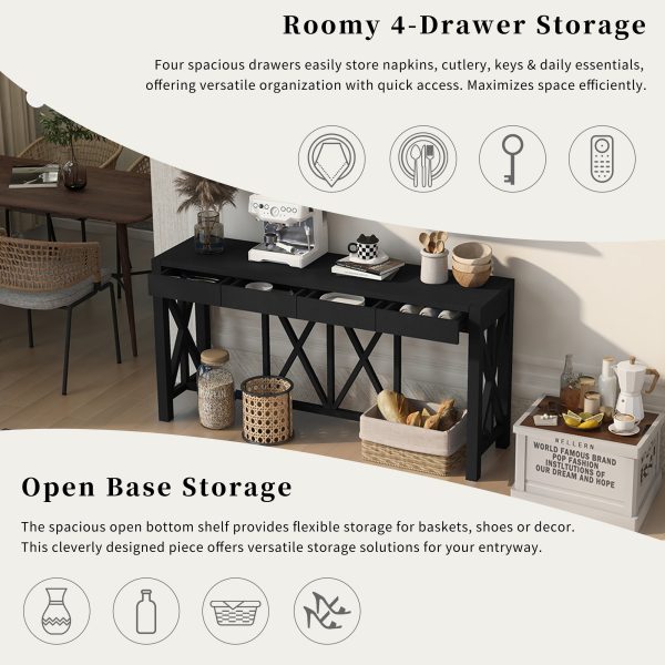 2-71.jpg 60'' Acacia Veneer Console Table with 4 Spacious Drawers, Modern Crisscross Design Entryway Table, Farmhouse Sofa Table with Open Bottom Storage for Living Room, Kitchen, Dining Room & Hallway