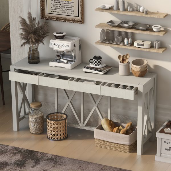 60-Inch Acacia Veneer Console Table | 4 Spacious Drawers + Open Bottom Storage, Modern Crisscross Design, Farmhouse Style Sofa Table Suitable for Living Room, Kitchen, Dining Room & Hallway