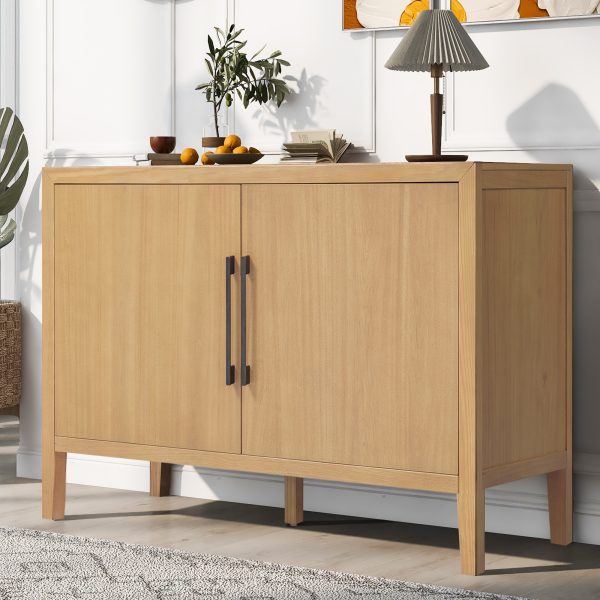 2-8.jpg 47.25-Inch Farmhouse Sideboard with Pine Veneer, 2-Door Retro Buffet & Minimalist Wooden Storage Cabinet with Metal Handles and Adjustable Feet for Living Room & Kitchen