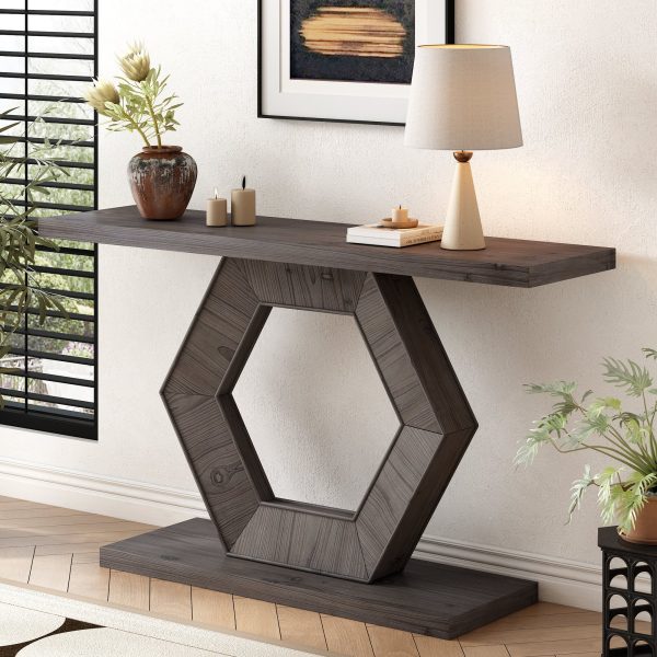 2-84.jpg Modern Entryway Table with Innovative Hollow Hexagonal Legs & Premium Fir Veneer, Elegant Accent Table for Hallway, Entryway and Living Room