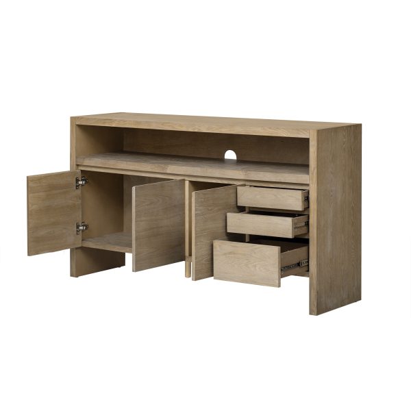 60" 3-Door 3-Drawer Sideboard C Modern Ash Veneer MDF Storage Cabinet with Semi-Open Shelf & Semi-Circular Back Cutout, Spacious Cabinet for Living Room, Hallway & Dining Area