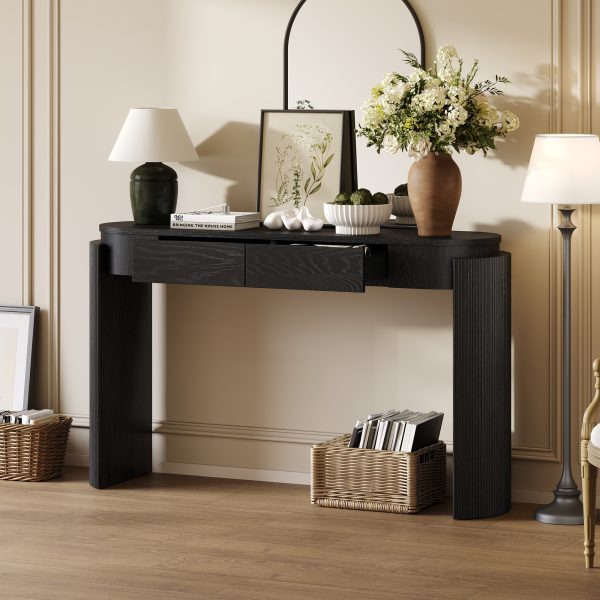 Natural Wood Grain Entryway Console Table with Fluted Design, Oval Top & 2 Drawers for Entryway & Living Room