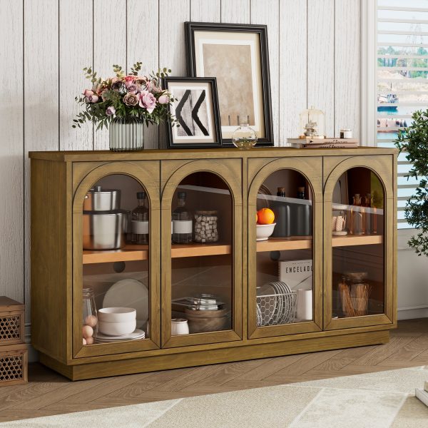 4-Door Arched Buffet Cabinet with Glass Doors & Large Storage, Adjustable Shelves for Kitchen, Dining Room & Living Room