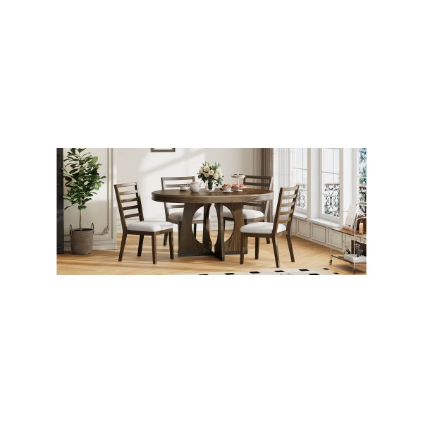 Retro 5-Piece Dining Set, Extendable Round Dining Table with 16" Removable Middle Leaf, Unique Geometric Design for Kitchen & Dining Room (with Chairs)
