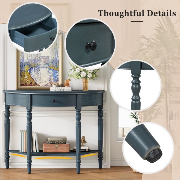 Farmhouse Half Moon Console Table with Storage Drawer & Open Shelf, Rustic Accent Sofa Table for Entryway, Living Room, Hallway & Foyer