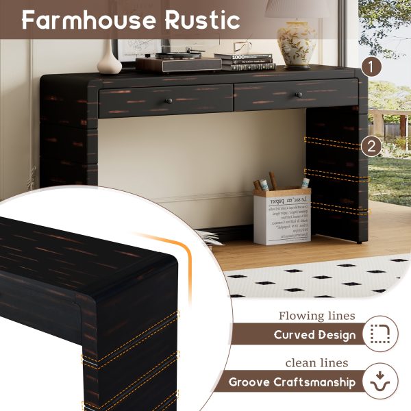 3-132.jpg Curved Wooden Console Table with 2 Storage Drawers, Farmhouse Rustic Entryway Table in Distressed Black for Hallway & Living Room